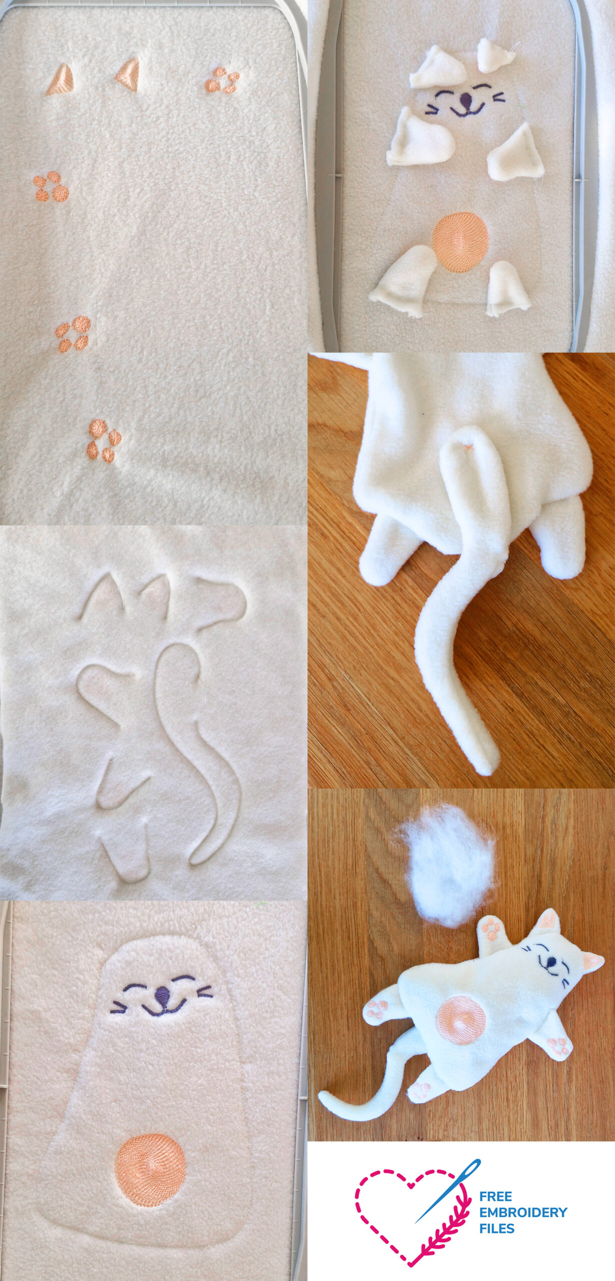 Step by step overview of the sleeping cat ITH plush embroidery process