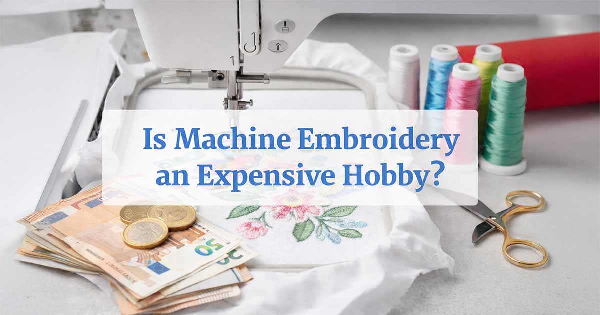 Machine embroidery machine stitching a floral design with threads and money, illustrating the cost of machine embroidery as a hobby