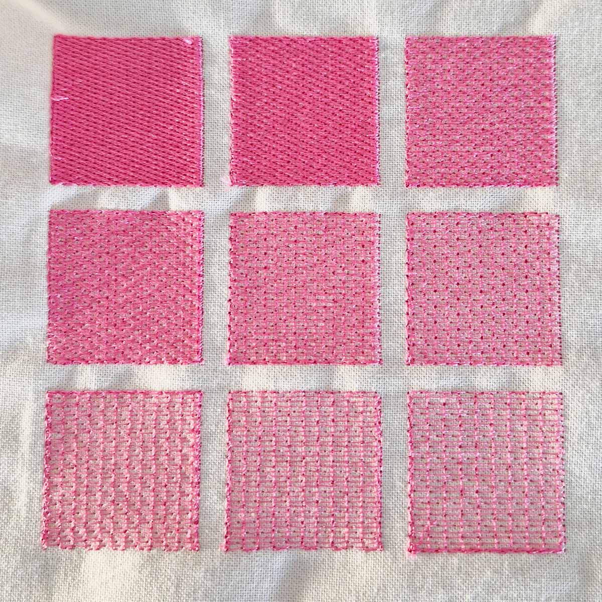 Comparison grid of different fill stitch spacing values from 0.25 mm to 1.05 mm