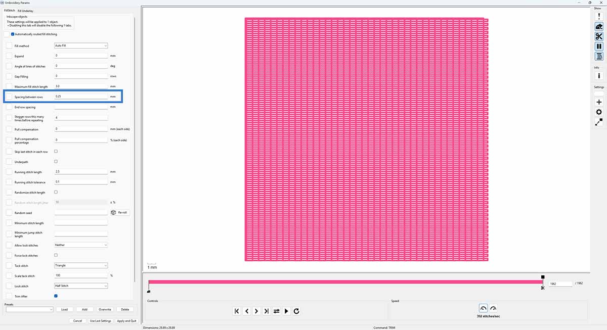 Ink/Stitch setting for spacing between rows in a fill stitch