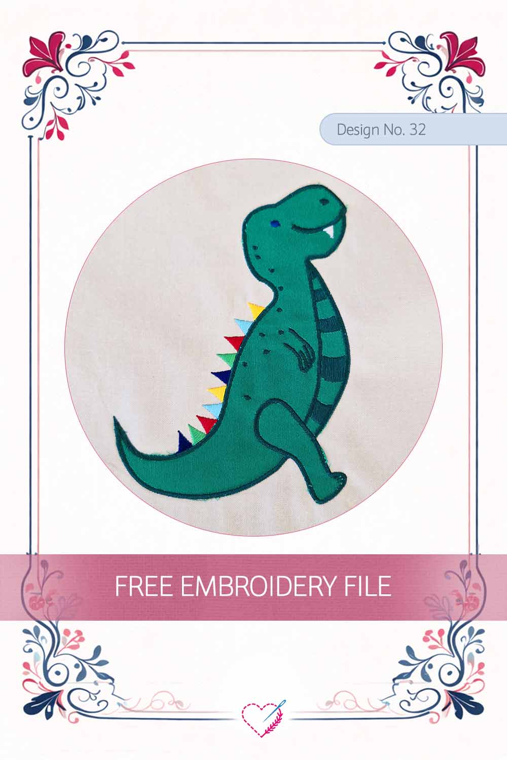 Dinosaur Appliqué – Free Embroidery Design No. 32 Pinterest Preview