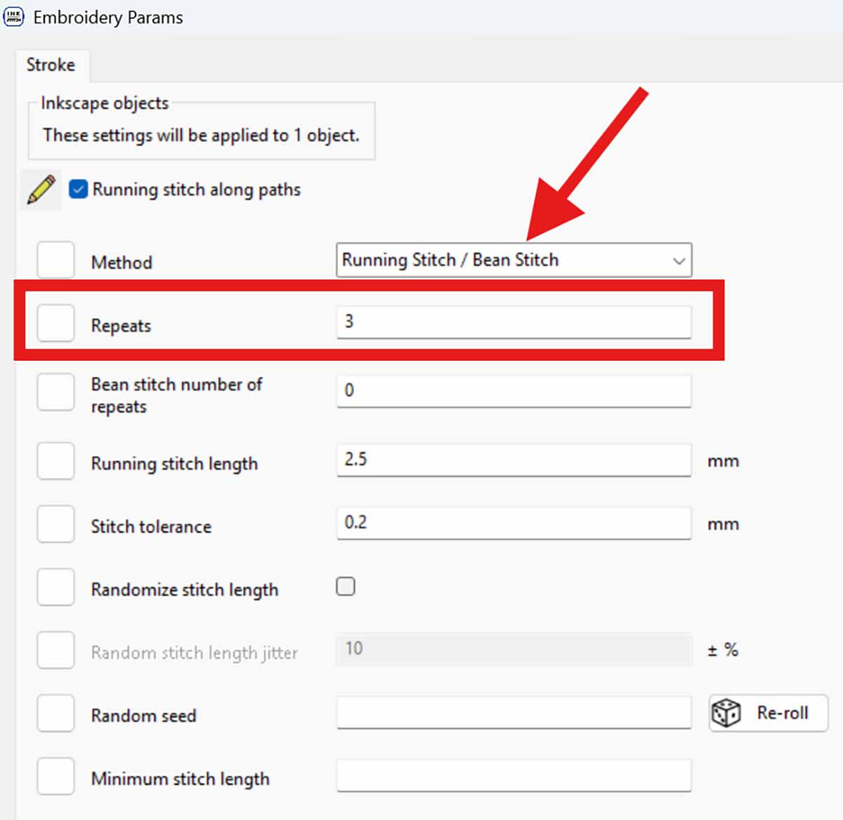 Screenshot showing the repeat parameter for running stitch in Ink/Stitch embroidery settings
