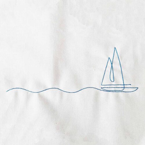 Line art sailboat embroidery design with stylized wave, minimal and modern summer motif