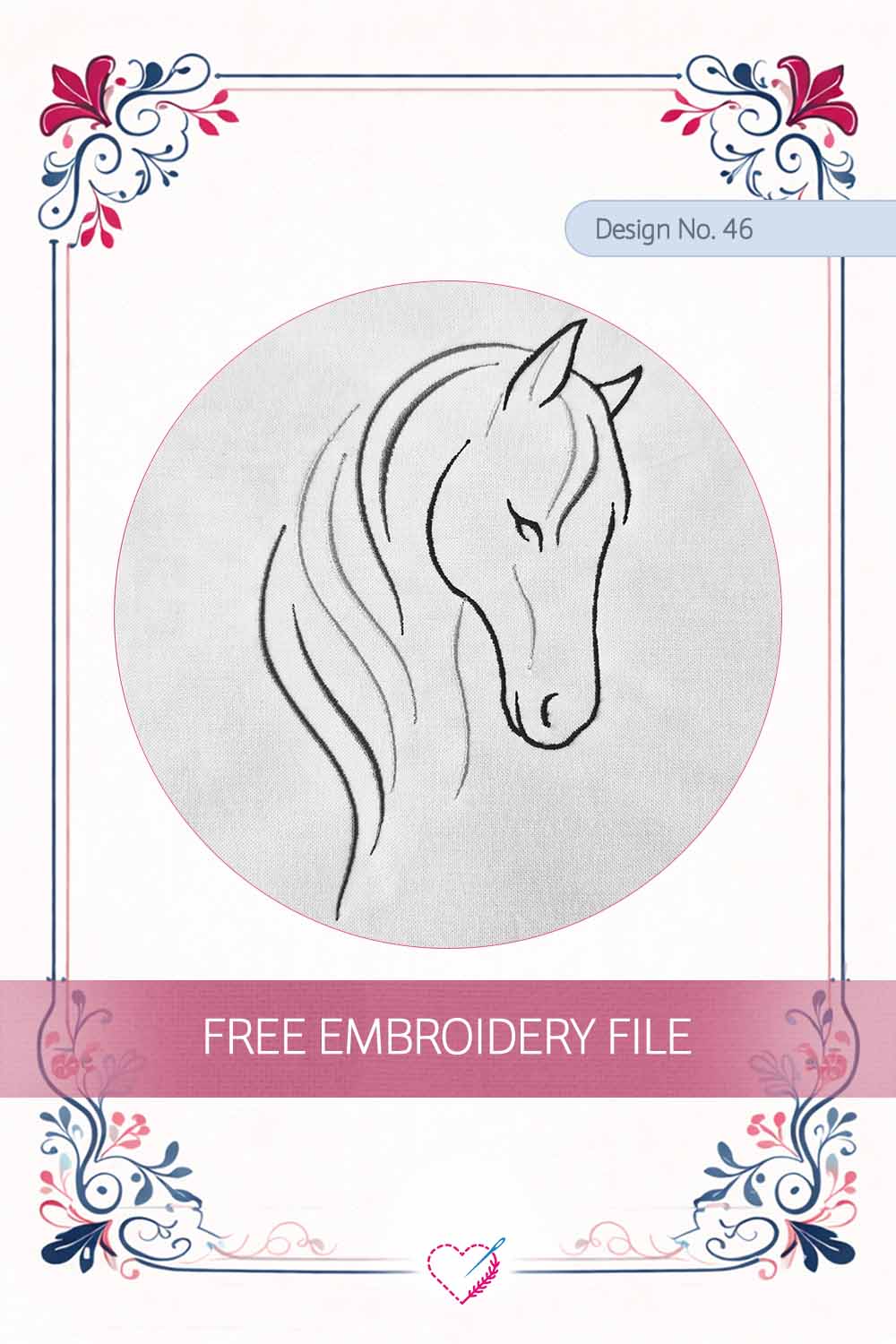 Horse Head Satin Line Art – Free Embroidery Design No. 46 Pinterest Preview