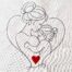 Mother and child line art embroidery design with heart detail stitched on cotton fabric