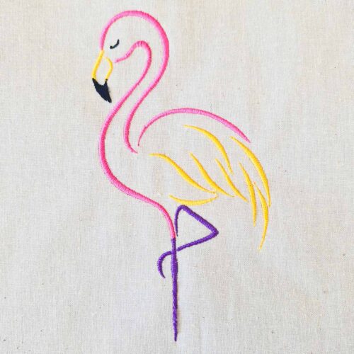 Flamingo satin line art embroidery design stitched on cotton fabric